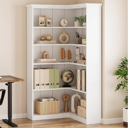 NEILA Farmhouse Corner Bookshelf – 72.8” Tall L-Shaped Bookcase with 5 Tiers, Wood Display Rack for Office and Bedroom,Panel Design in White
