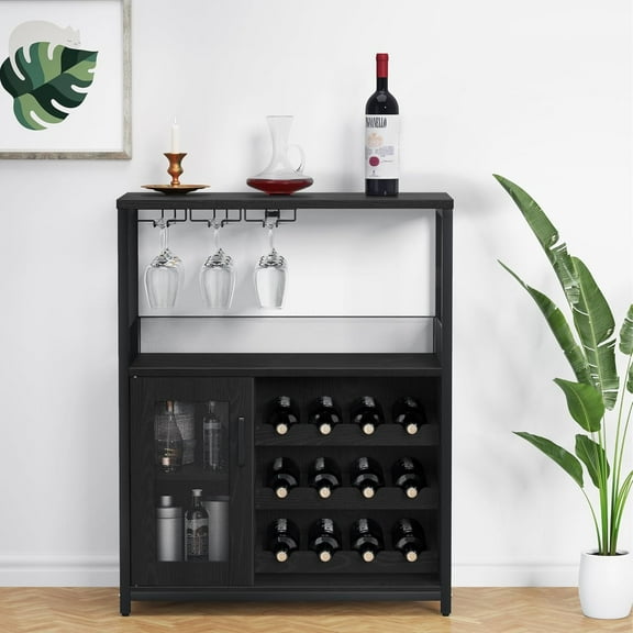 NEILA Farmhouse Wine Bar Cabinet with Detachable Wine Rack – Black Kitchen Buffet Cabinet with Glass Holder and Mesh Door, Ideal for Living Room and Bar