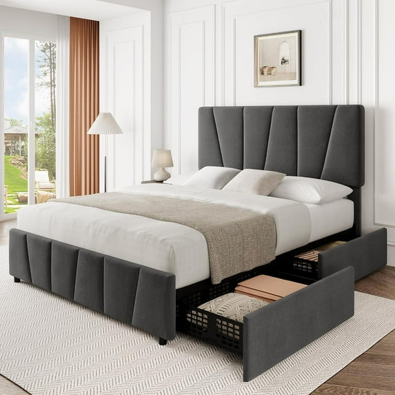 NEILA Full Size Bed Frame with 4 Storage Drawers and Adjustable Headboard, Upholstered Platform Bed Frame with Wooden Slats Support, No Box Spring Needed, Dark Grey