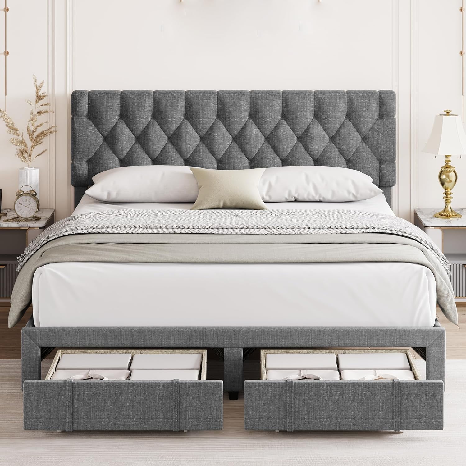 NEILA Full Size Bed Frame with Adjustable Headboard and 2 Storage