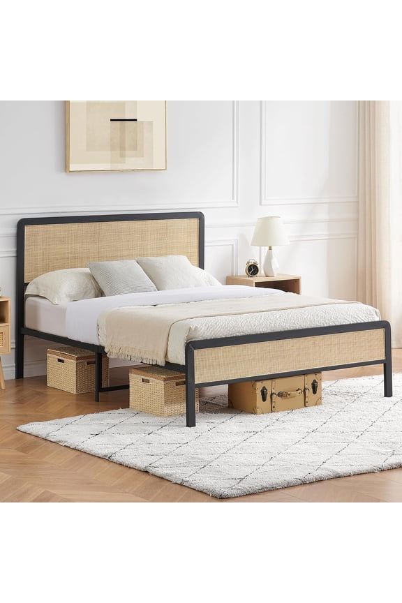 Full Size Bed Frame with Natural Rattan Headboard and Footboard, Metal Platform with Strong Metal Slats Support, Boho Cane Bed with Curved Headboard Mattress Foundation, No Box Spring Needed