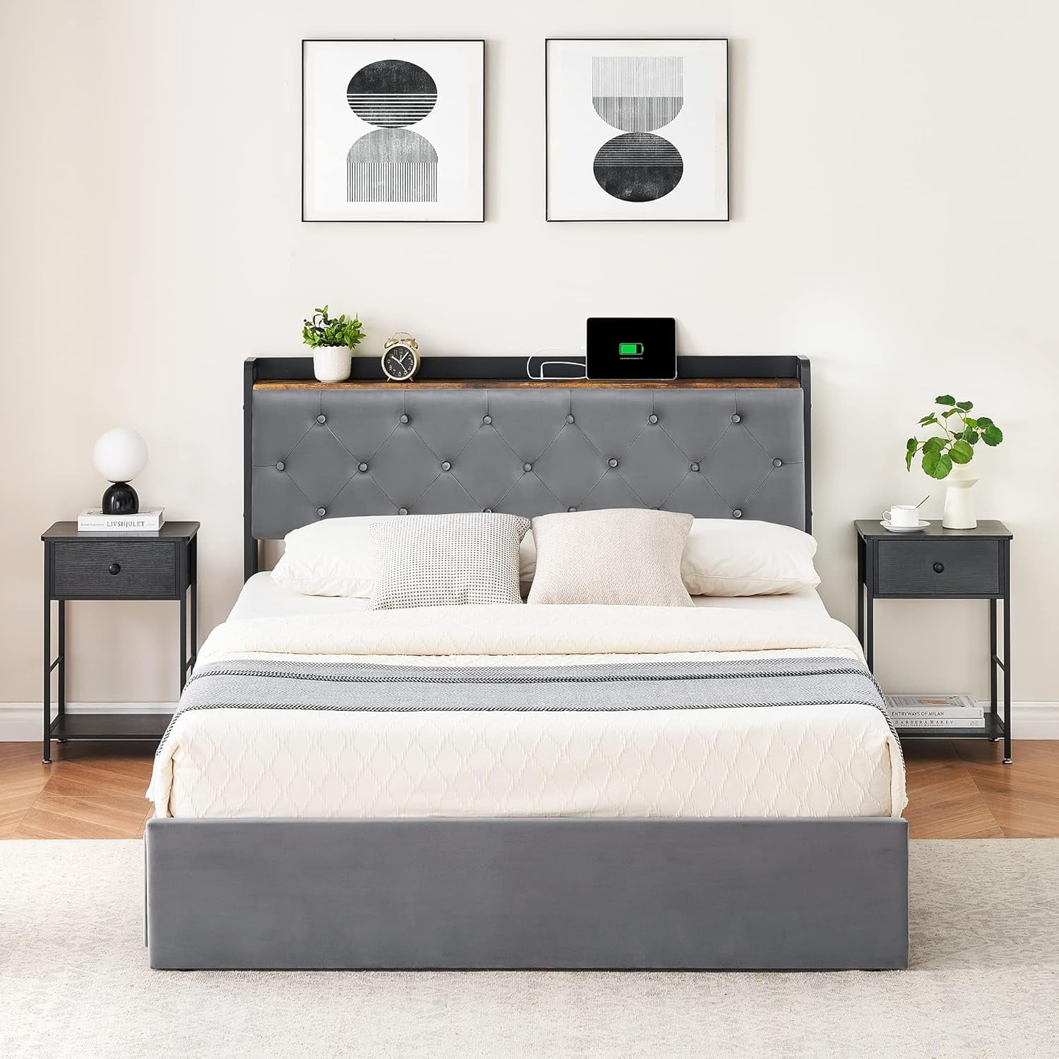 NEILA Full Size Bed Frame with Storage Headboard & Charging Station ...