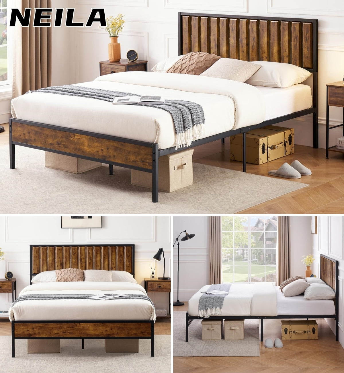 NEILA Full Size Bed Frame with Wood Headboard Footboard Metal Platform