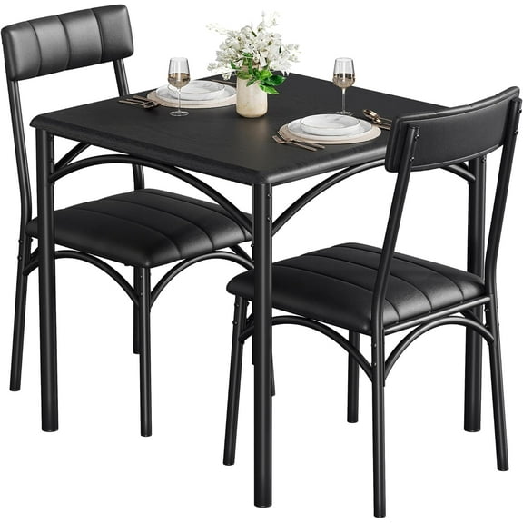 NEILA Kitchen Table and Chairs Set – Cozy Dining Table for 2 with 2 Upholstered Chairs, Sturdy Construction, and Space-Saving Design for Small Spaces,Black