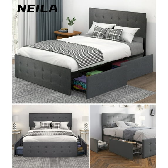 NEILA Queen Size Bed Frame with Adjustable Headboard 4 Drawers Storage Footboard Metal Platform, Button Upholstered Mattress Foundation with Wood Slat Support, No Box Spring Needed,Gray