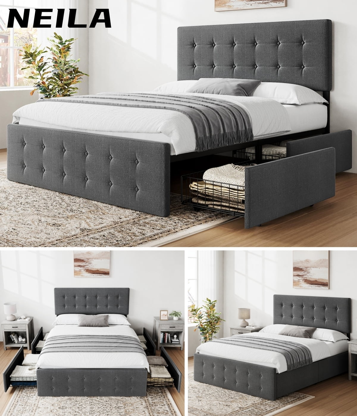 NEILA Queen Size Bed Frame with Adjustable Headboard & Footboard and 4 ...