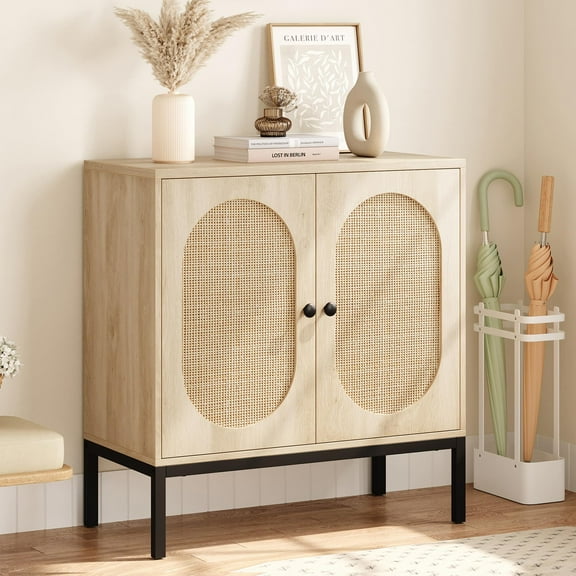 NEILA Sideboard Buffet Cabinet, Rattan Storage Cabinet with Adjustable Shelves, Small Wood Console Cabinet with 4-Tier Storage for Dining Room, Kitchen, Living Room, Hallway