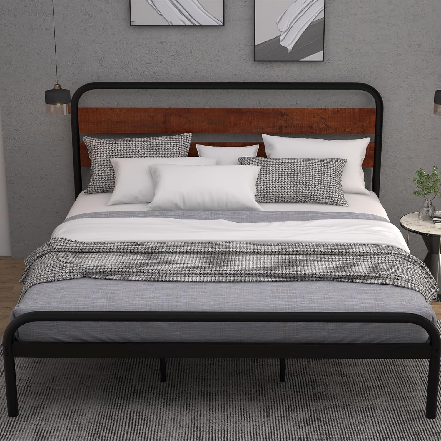 NEILA Sturdy King Size Bed Frame with Wooden Headboard and Metal Mattress Foundation, Spacious Under-Bed Storage, No Box Spring Required, Easy Assembly in Elegant Brown Finish