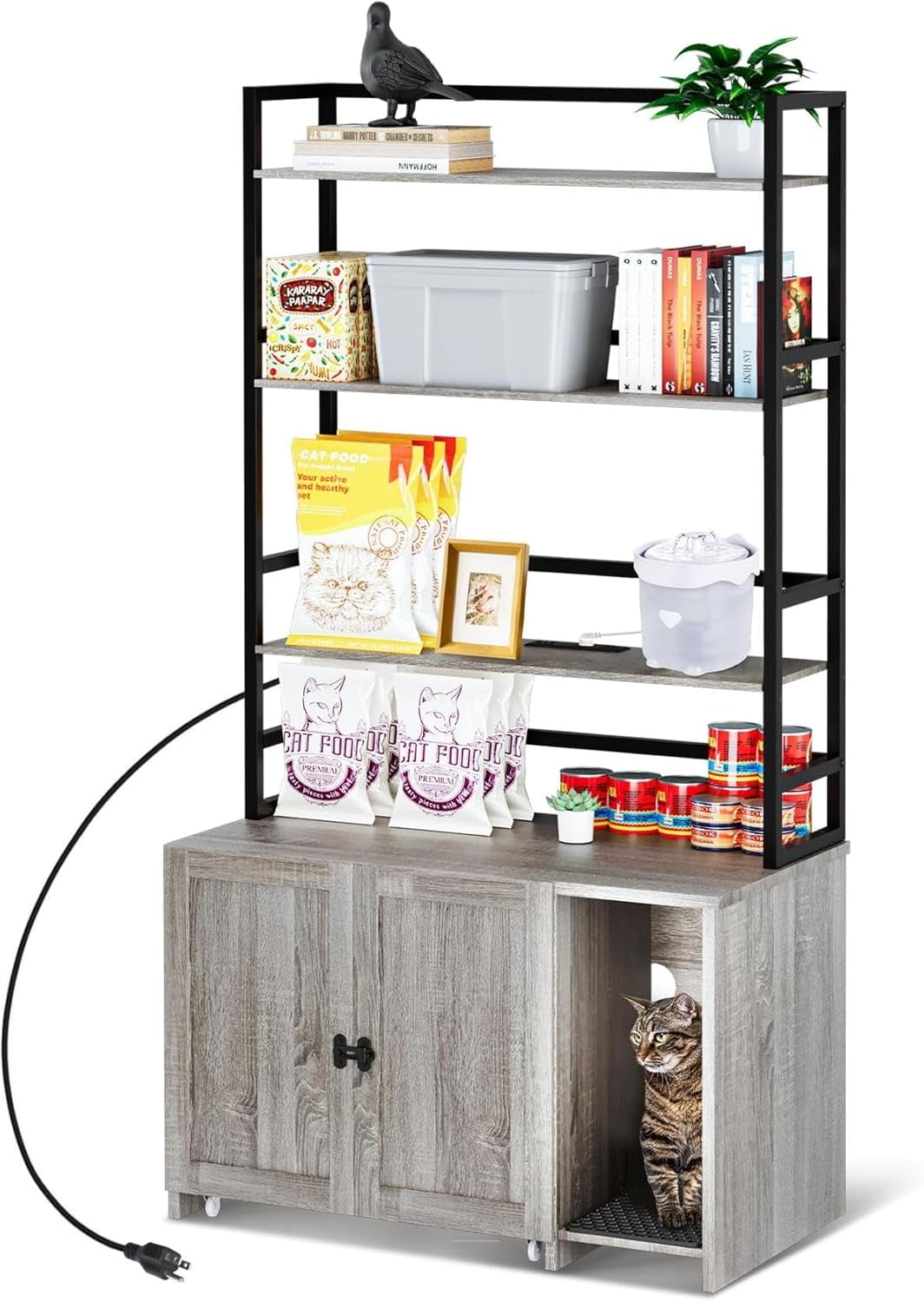 Large Gray Cat Litter Box Enclosure with Shelves and Charging Station