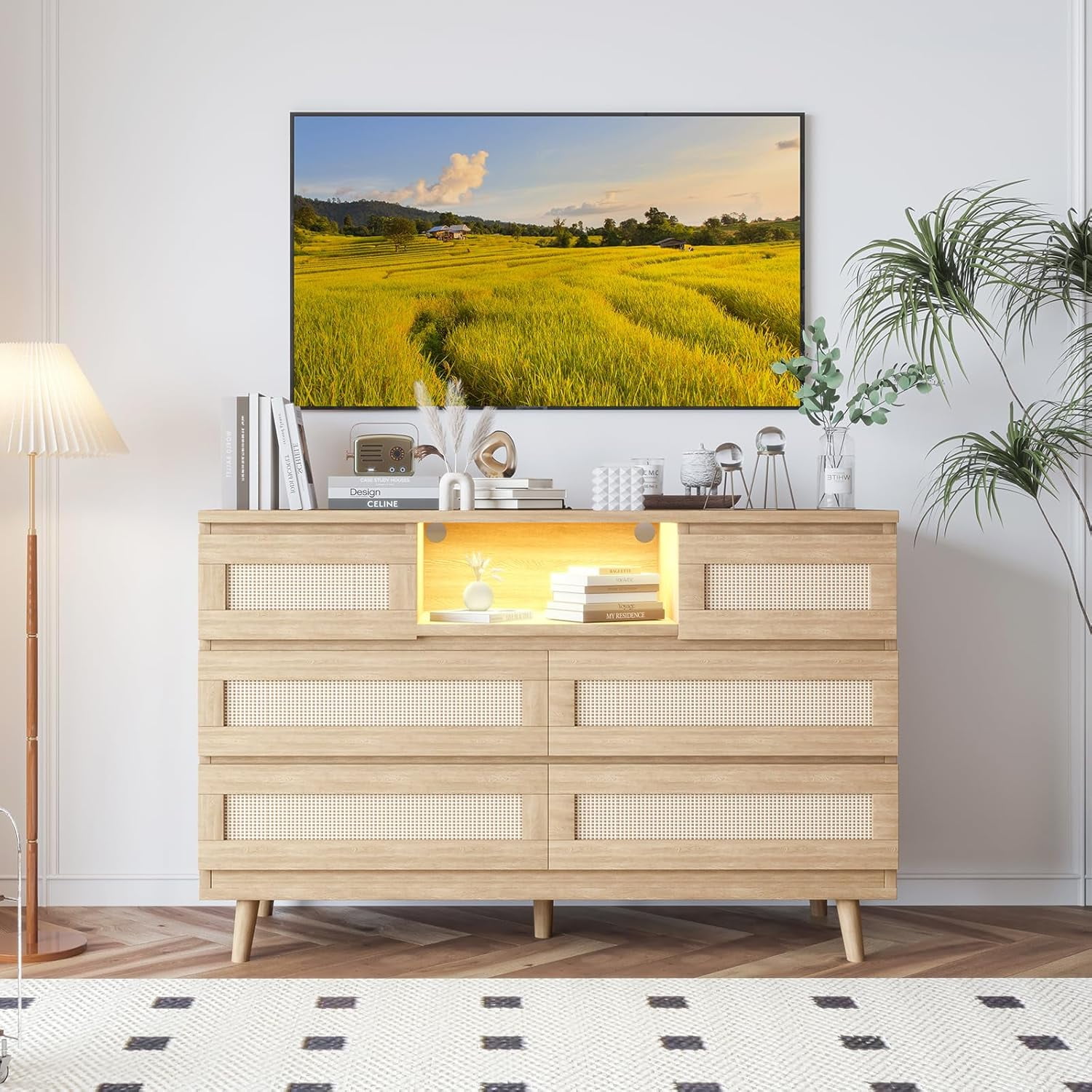 Natural Wood and Rattan Dresser with LED Light and Charging Station