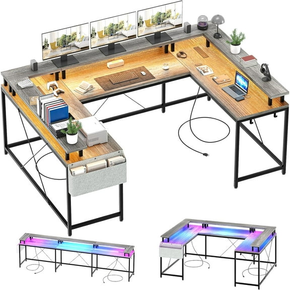 NEILA U Shaped LED Light Computer Gaming Desk with Power Outlets, Reversible 78.8'' Large PC Desk with Monitor Stand & Storage Bag, Home Office Desk, Study Desk, Writing Desk, Workstation, Grey