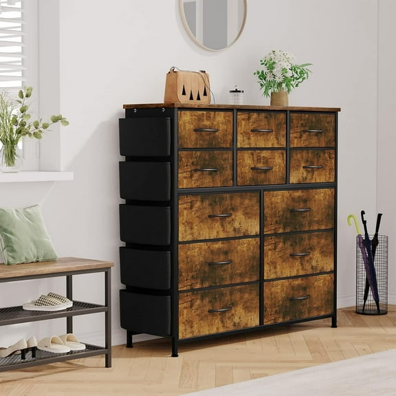 NEILA Versatile Rustic Brown 12-Drawer Fabric Dresser with Convenient Side Pockets - Ideal Storage Solution for Bedrooms, Living Rooms, Hallways, and Closets