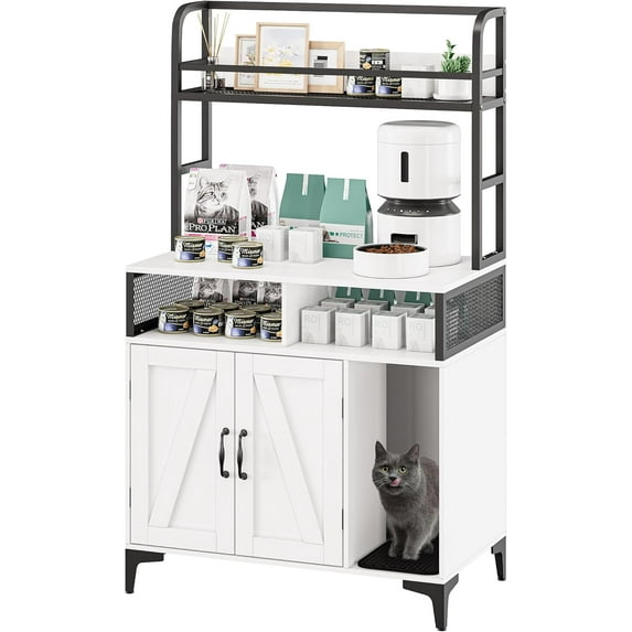 NEILA Vintage Cat Litter Box Enclosure Furniture – Large Hidden Litter Box with Shelf Storage, Double Door Design, Stylish Wooden Pet Crate for Living Room, Bedroom, or Laundry Room,White