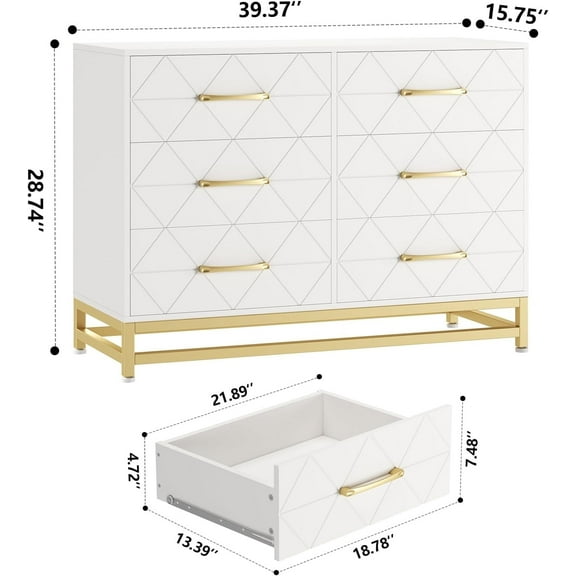 NEILA White Chic 6-Drawer Wooden Dresser – Spacious Storage Chest with Metal Handles and Elegant Gold Accents for Bedroom, Living Room, Hallway, and Entryway