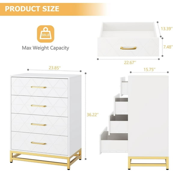 NEILA White Elegant 4-Drawer Wood Dresser – Stylish Storage Chest with Wide Drawers and Gold Handles for Bedroom, Living Room, and Hallway