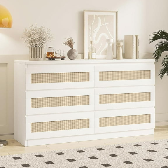 NEILA White Multi-Purpose Wood Dresser – 6-Drawer Rattan Storage Chest for Bedroom, Living Room, Entryway & TV Stand