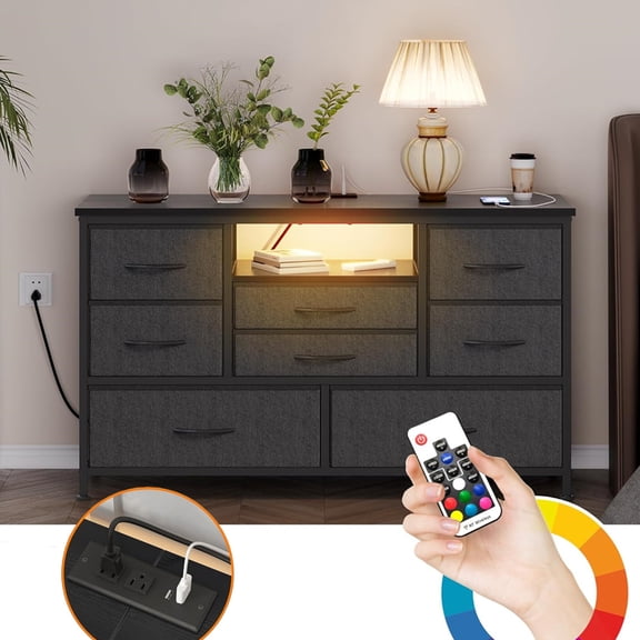 NEILA Wide Dresser for Bedroom,8 Drawer Dresser TV Stand with Power Outlets &LED Lights,Small Dresser TV Stands for Bedroom, Living Room, Entryway, Hallway