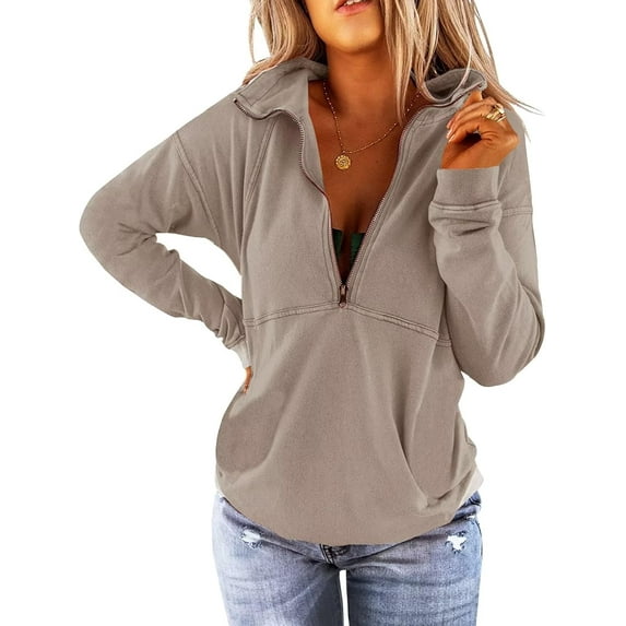 NEIRID Women's Long Sleeve Lapel Half Zip Up Sweatshirt Solid Stylish Loose Fit Casual Pullover Tops