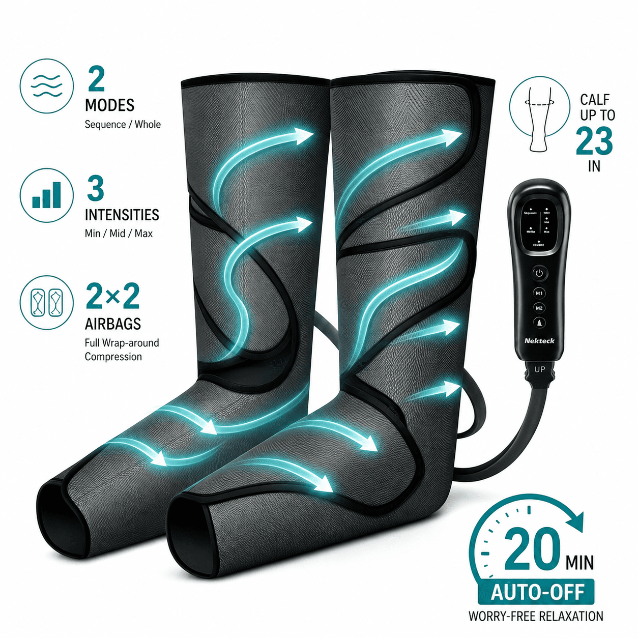 Nekteck Leg Compression Massager, Air Compression Leg Massager for Circulation and Pain Relief, Foot and Leg Massager Compression Boots with Recovery System, 2 Modes 3 Intensities, Father Days Gifts
