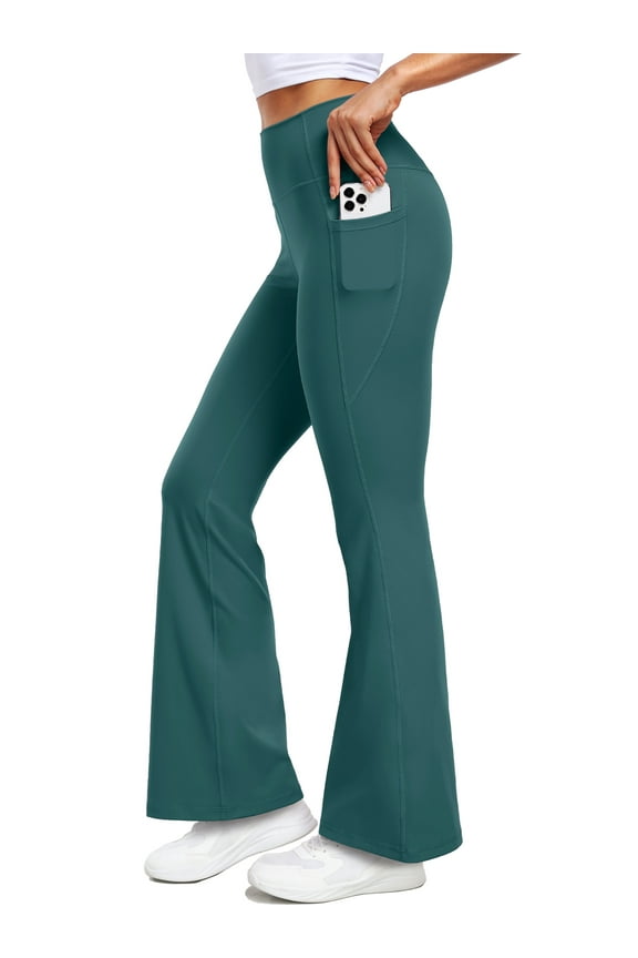 ButterSoftFlex Womens Flare Leggings Athletic Yoga Workout Pants Bootcut High Waist with Side Pockets,Dark Green,US Size M