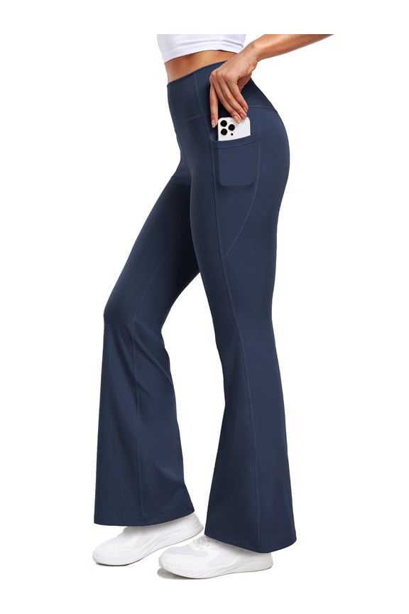 ButterSoftFlex Womens Flare Leggings Athletic Yoga Workout Pants Bootcut High Waist with Side Pockets,Navy Blue,US Size 2XL