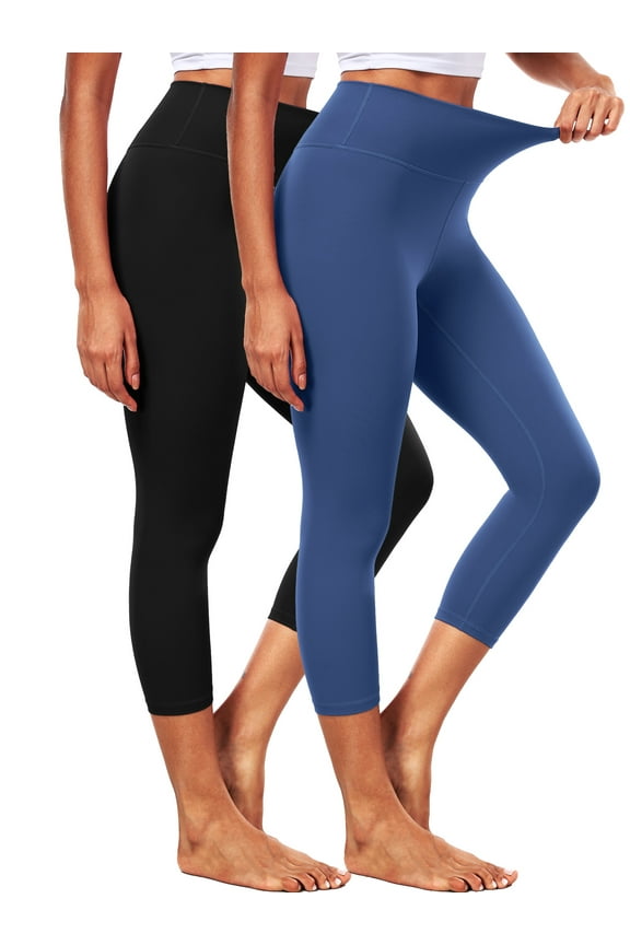 ButterSoftFlex Womens High Waist Capri Legging for Yoga Workout Athletic Cropped Pants with Waistband Pocket,Black+Blue,US Size M