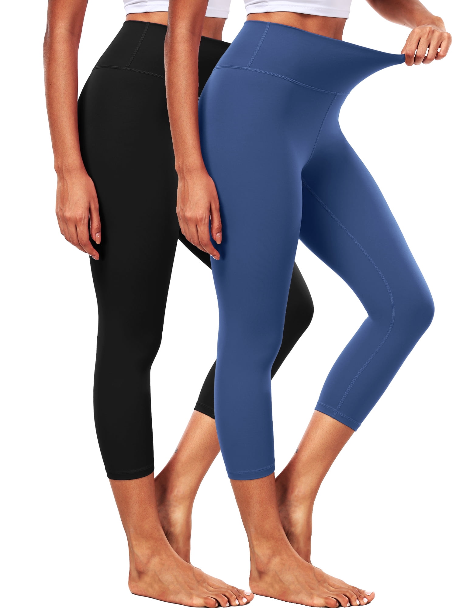 NELEUS ButterSoftFlex Womens High Waist Capri Legging for Yoga Workout Athletic Cropped Pants with Waistband Pocket,Black+Blue,US Size S