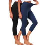 ButterSoftFlex Womens Plus Size High Waist Capri Legging for Yoga Workout Athletic Cropped Pants with Waistband Pocket,Black+Navy Blue,US Size 2XL