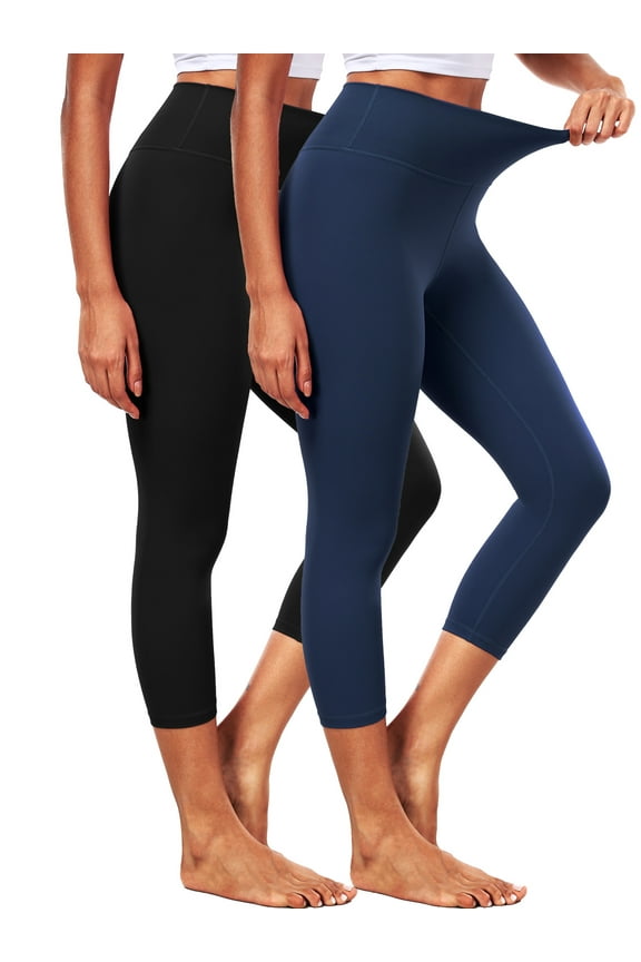 ButterSoftFlex Womens High Waist Capri Legging for Yoga Workout Athletic Cropped Pants with Waistband Pocket,Black+Navy Blue,US Size 2XL