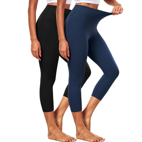 NELEUS ButterSoftFlex Womens High Waist Capri Legging for Yoga Workout Athletic Cropped Pants with Waistband Pocket,Black+Navy Blue,US Size L
