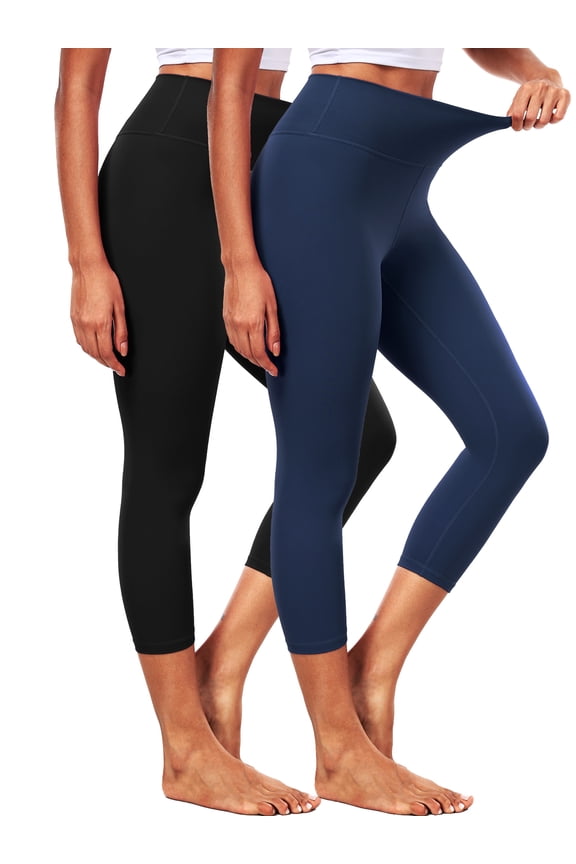 ButterSoftFlex Womens High Waist Capri Legging for Yoga Workout Athletic Cropped Pants with Waistband Pocket,Black+Navy Blue,US Size XL