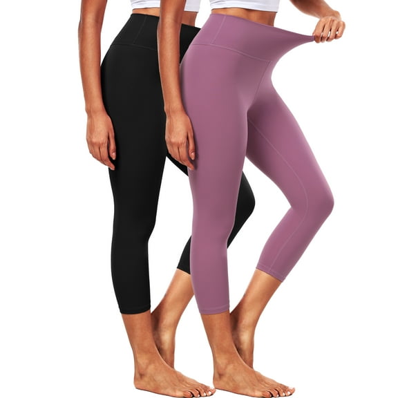 NELEUS ButterSoftFlex Womens High Waist Capri Legging for Yoga Workout Athletic Cropped Pants with Waistband Pocket,Black Pinkish Purple,US Size L
