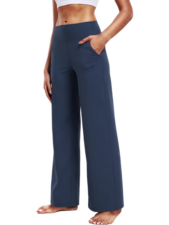 ButterSoftFlex Womens Plus Size Wide Leg Pants Athletic Yoga Legging Casual Sweatpants with Side Pockets,Navy Blue,US Size 2XL