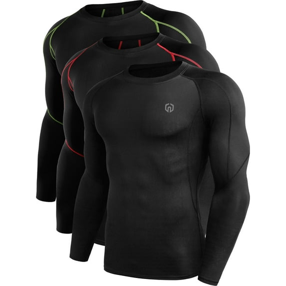 NELEUS Men Compression Shirts Workout Running Shirts Dry Fit Long Sleeve 3 Pack,Black+Black Red+Black Green,US Size L