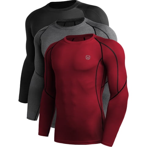 Men Compression Shirts Workout Running Shirts Dry Fit Long Sleeve 3 Pack,Black+Gray+Red,US Size S