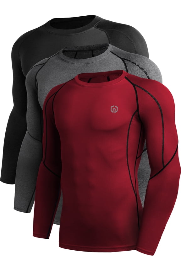 Men Compression Shirts Workout Running Shirts Dry Fit Long Sleeve 3 Pack,Black+Gray+Red,US Size S