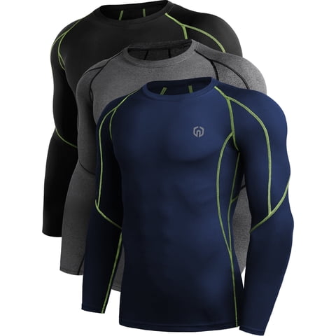 NELEUS Mens Plus SizeCompression Shirts Workout Running Shirts Dry Fit Long Sleeve 3 Pack,Black Green+Gray+Navy,US Size 3XL