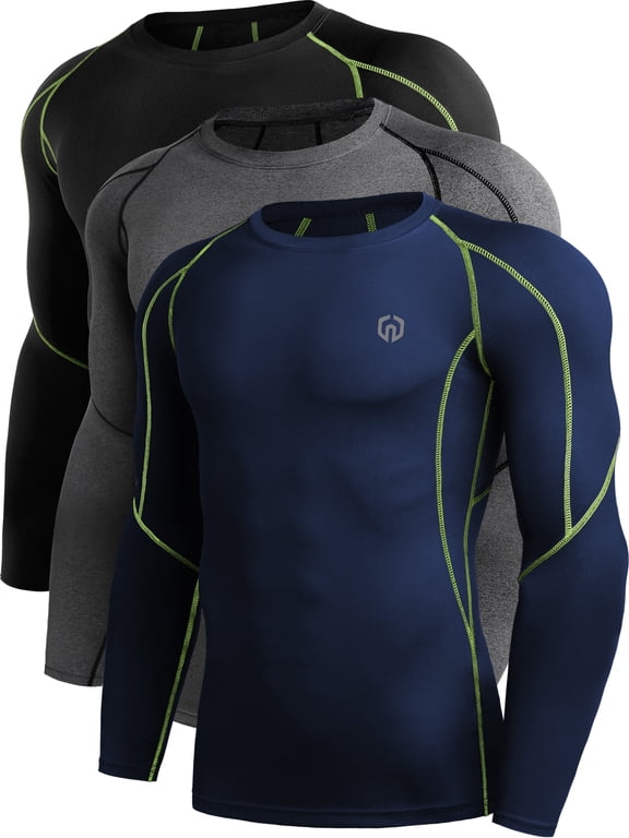 Men Compression Shirts Workout Running Shirts Dry Fit Long Sleeve 3 Pack,Black Green+Gray+Navy,US Size S