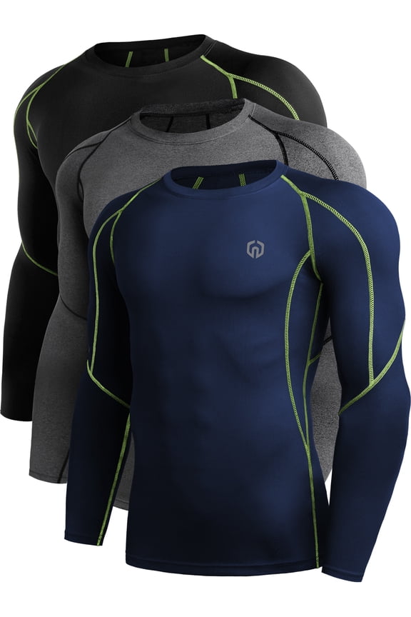 Men Compression Shirts Workout Running Shirts Dry Fit Long Sleeve 3 Pack,Black Green+Gray+Navy,US Size S