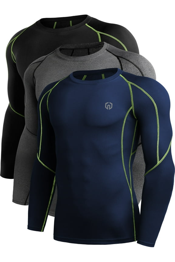 Men Compression Shirts Workout Running Shirts Dry Fit Long Sleeve 3 Pack,Black Green+Gray+Navy,US Size XL