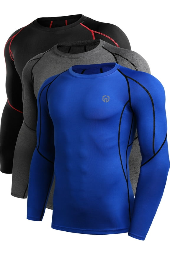 Men Compression Shirts Workout Running Shirts Dry Fit Long Sleeve 3 Pack,Black Red+Gray+Blue,US Size 3XL