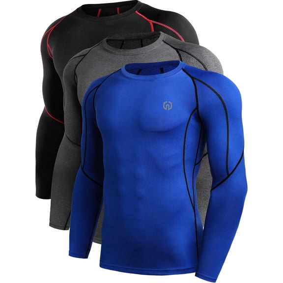 NELEUS Mens Plus SizeCompression Shirts Workout Running Shirts Dry Fit Long Sleeve 3 Pack,Black Red+Gray+Blue,US Size 3XL