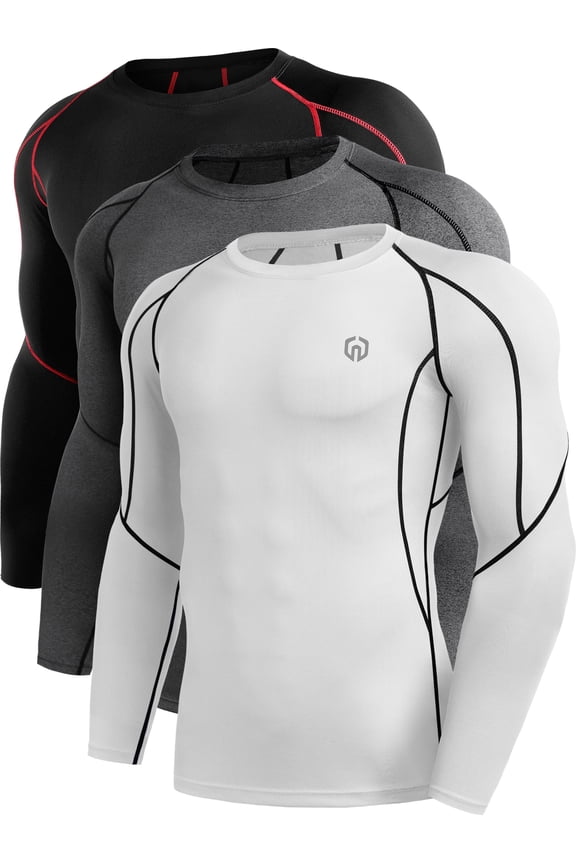 Men Compression Shirts Workout Running Shirts Dry Fit Long Sleeve 3 Pack,Black Red+Gray+White,US Size L