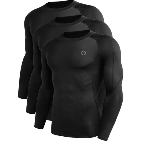 Men Compression Shirts Workout Running Shirts Dry Fit Long Sleeve 3 Pack,Black,US Size L