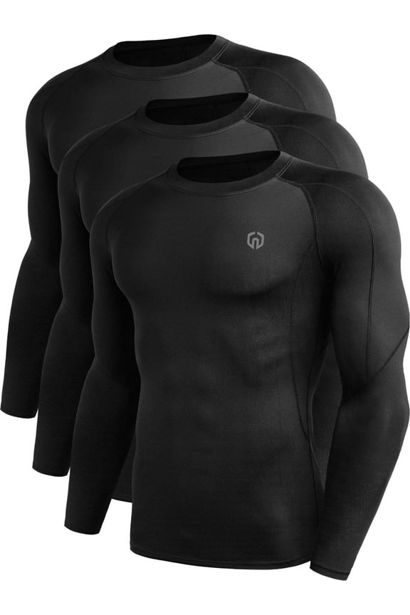 Men Compression Shirts Workout Running Shirts Dry Fit Long Sleeve 3 Pack,Black,US Size S