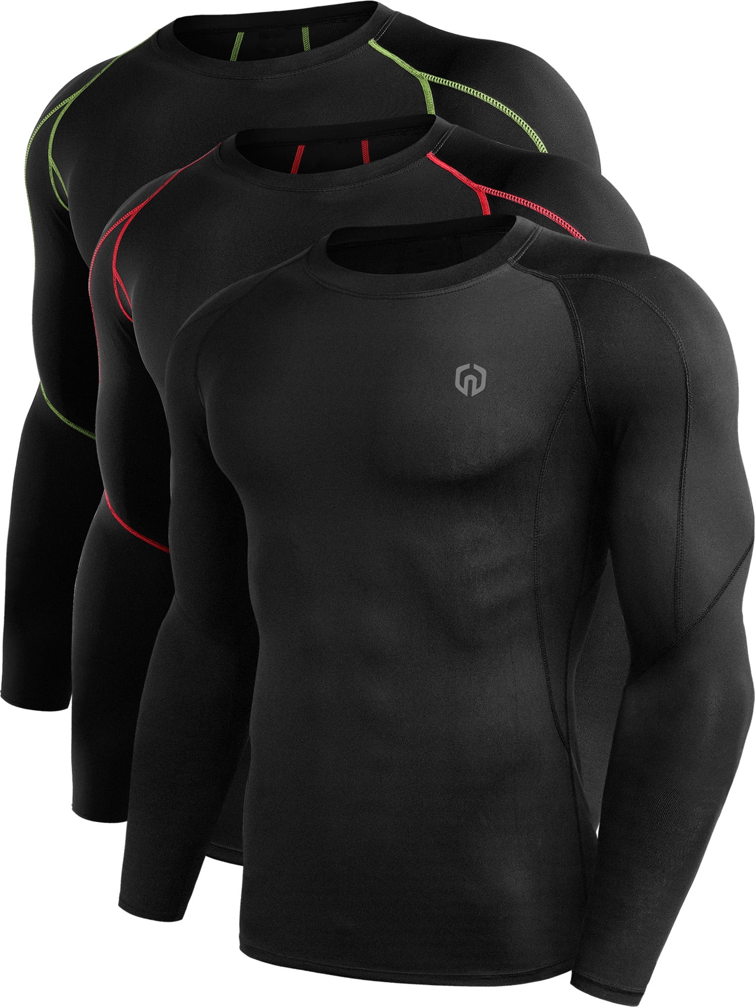 NELEUS Men Dry Fit Long Sleeve Compression Shirts Workout Running Shirts 3  Pack,Black+Black Red+Black Green,US Size M 