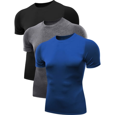 Mens Plus Size Tight Fitting Shirt Athletic Tops Base Layer Short Sleeves 3 Pack,Black+Gray+Blue,US Size 3XL