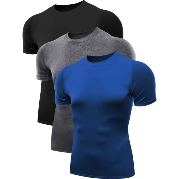 NELEUS Men's Tight Fitting Shirt Athletic Tops Base Layer Short Sleeves 3 Pack,Black+Gray+Blue,US Size S