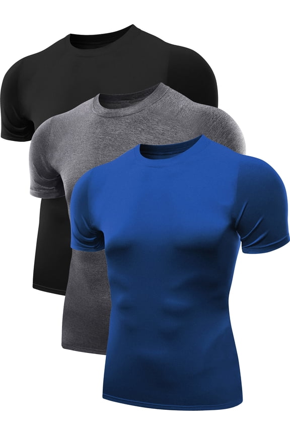 Men's Tight Fitting Shirt Athletic Tops Base Layer Short Sleeves 3 Pack,Black+Gray+Blue,US Size S