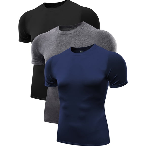 NELEUS Men's Tight Fitting Shirt Athletic Tops Base Layer Short Sleeves 3 Pack,Black+Gray+Navy Blue,US Size M